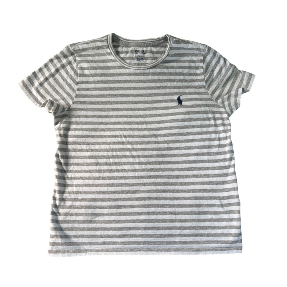 Polo Ralph Lauren Gray White Striped Cotton Crew Neck T-Shirt Womens Medium
